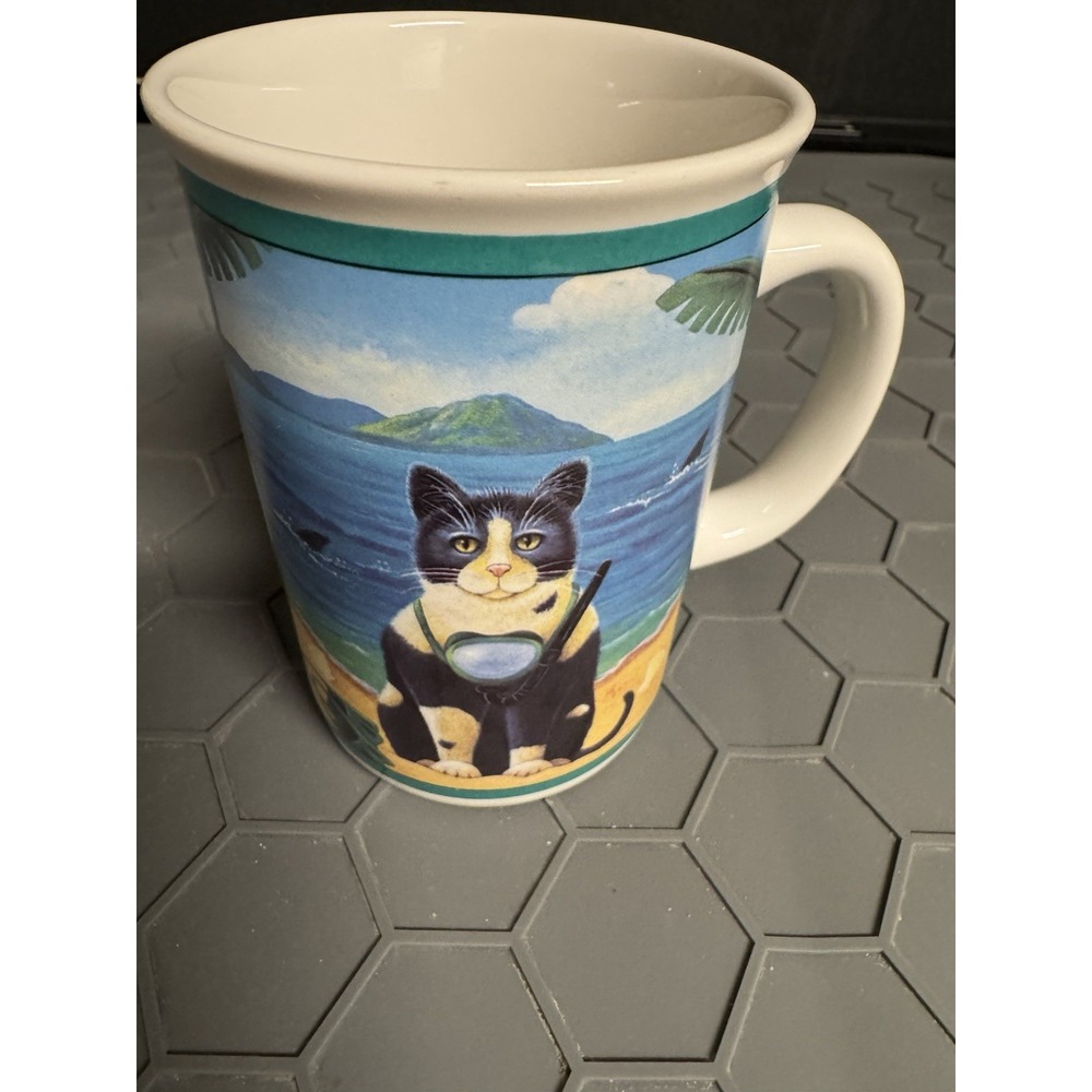 Vintage 1995 Otagiri Korean Coffee Cup With Cats Snorkeling With Sharks Ceramic